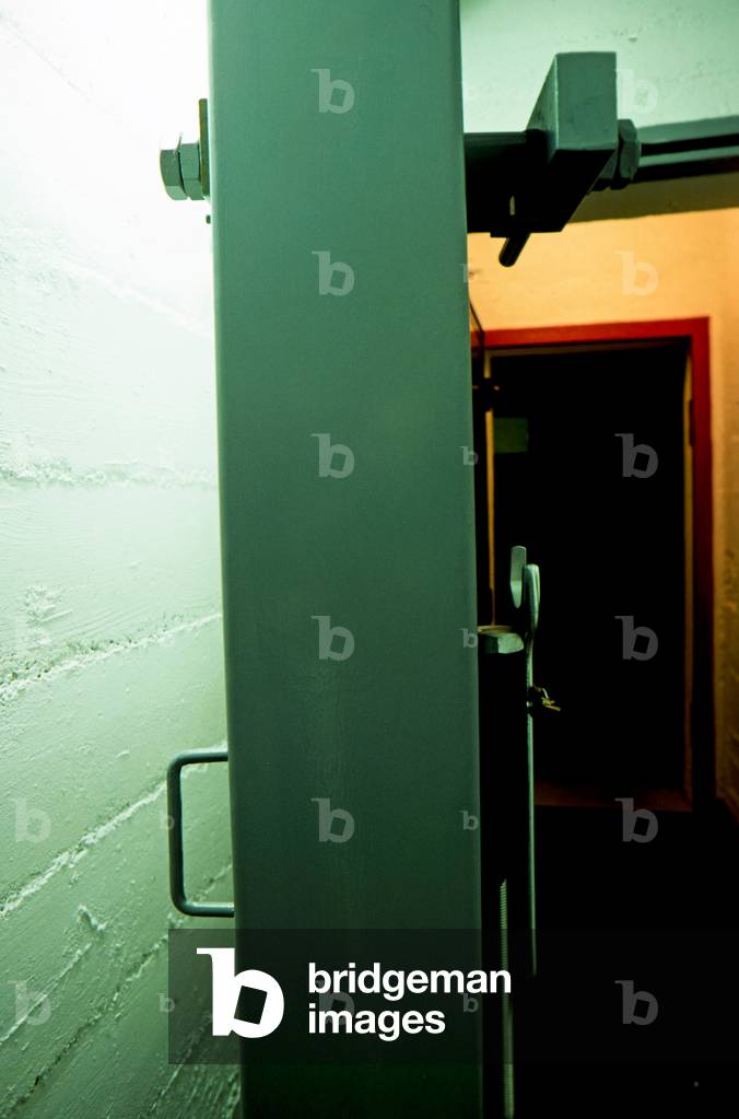 Bomb proof steel doors in a suburban commune underground nuclear fall-out shelter, Switzerland (photo)