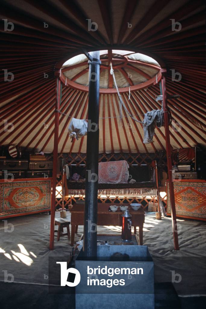 Mongolian family inside their Yurt in Gobi Desert, Gobi-Altai, Mongolia, Asia