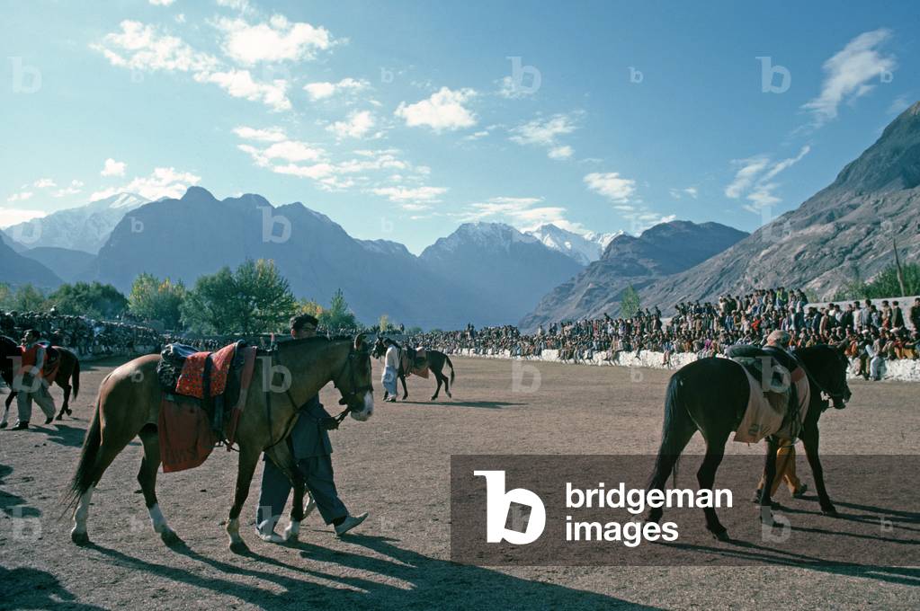 Parading of polo horses at the Aga Khan Shani Polo Stadium, Gilgit, Gilgit-Baltistan Administrative Area, Pakistan (photo)