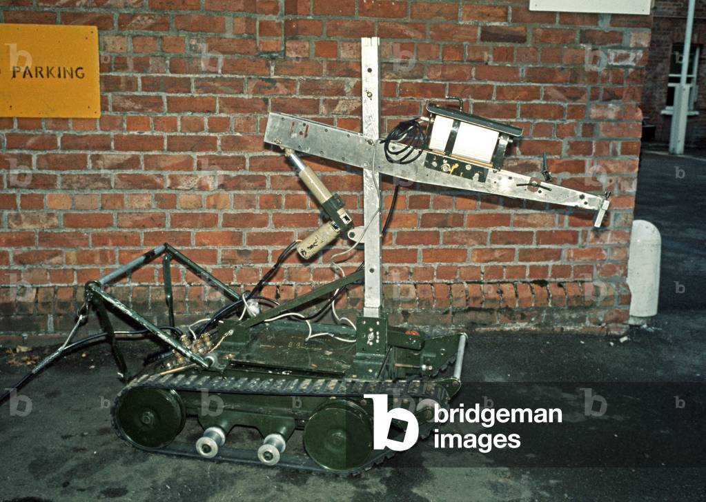 British Army Bomb Disposal Robot called the Wheelbarrow used to difuse IRA bombs during The Troubles, Northern Ireland, 1972