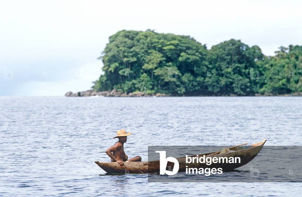 Fishing off Nosy Mangabe Island in dugout conoe, a reserve and sanctuary of the aye-aye lemur, in Antongil Bay, Madagascar, East Africa, Africa, 1980s (photo)