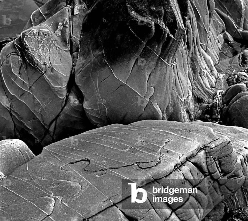 Irish Sea coastal rocks, Co Down, Northern Ireland (b/w photo)