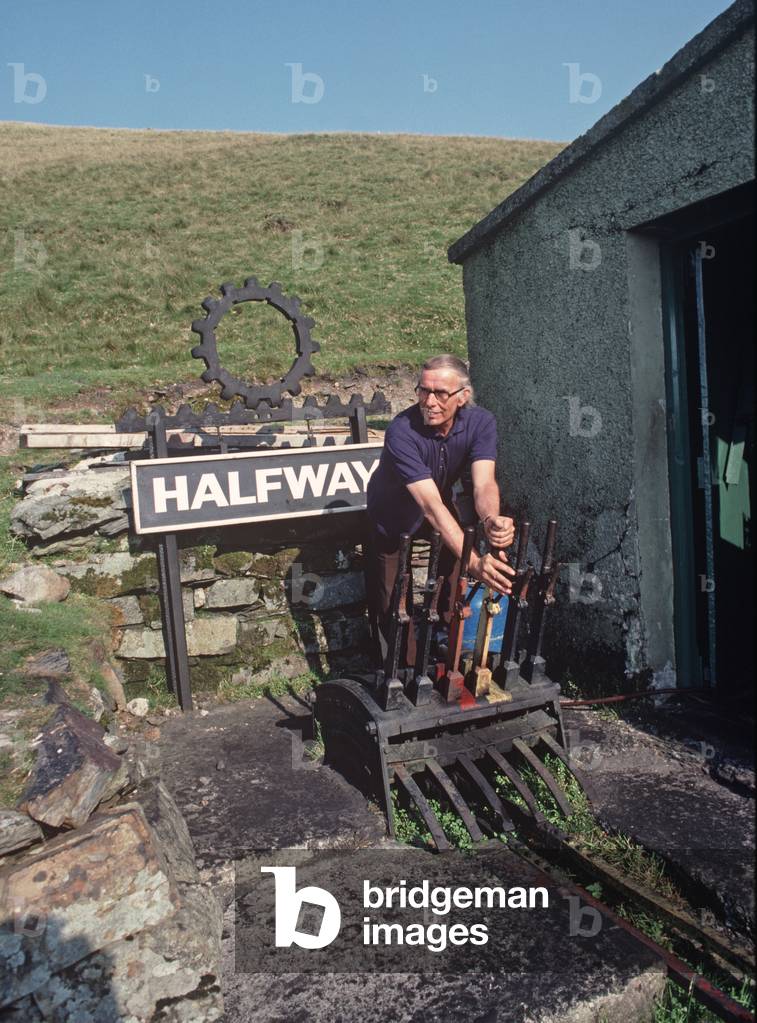 Signalman switching tracks in Snowdonia National Park, Wales, United Kingdom, 1991 (photo)