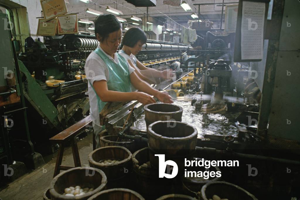 washing silk cocoons in preparation for putting onto spools, Chinese silk process, Hangzhou, Silk Company, Hangzhou, Zhejiang Province, China (photo)