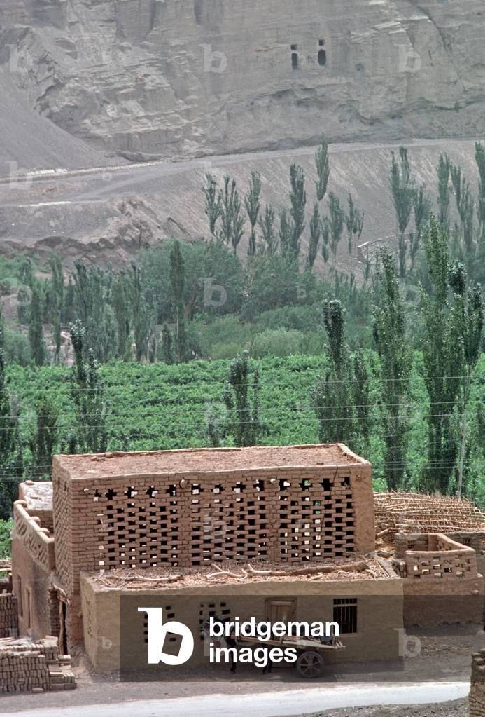 Grape storehouses made out of mud with gaps in bricks to air dry grapes in wine growing area around Turpan, Xinjiang Province, China, 1985 (photo)