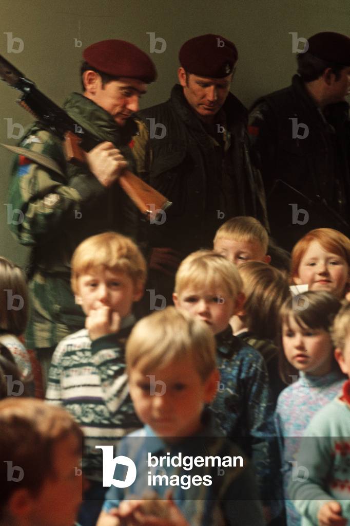 Belfast, 1972. Black Mountain Primary School used as a British Army lookout post over the Nationalist Ballymurphy estate, West Belfast, Northern Ireland (photo)