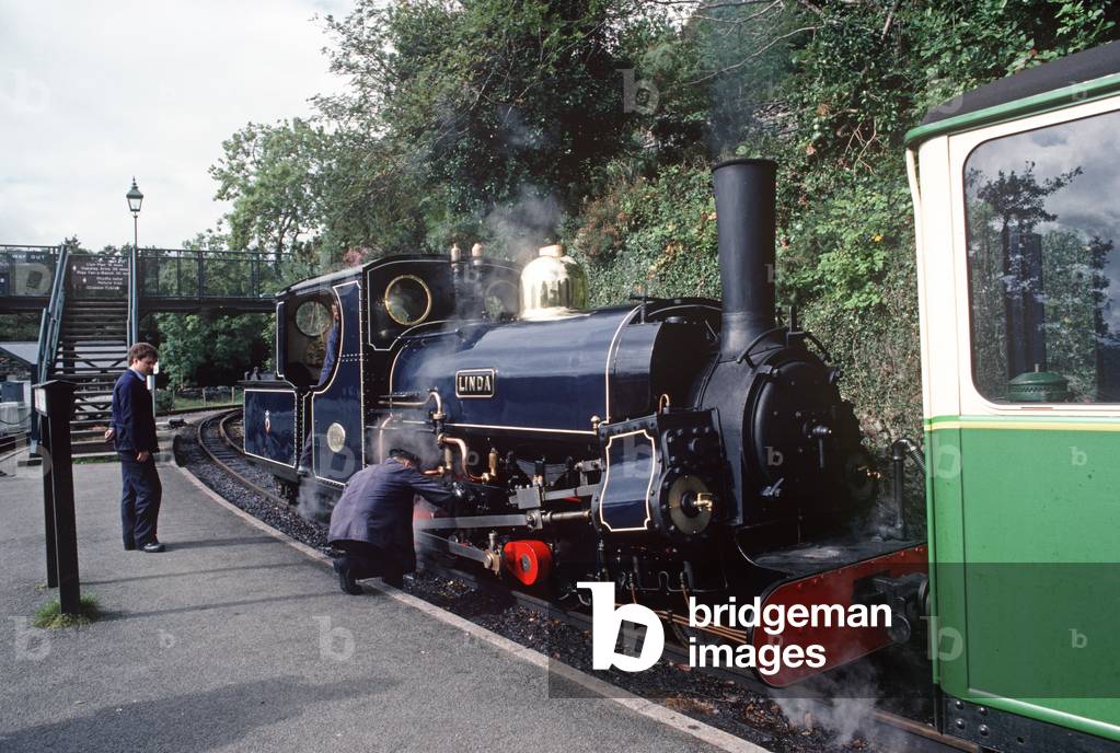 Steam locomotive at Tan-Y-Bwlch railway station on the Ffestiniog Railway, Porthmadog to Blaenau Ffestiniog, Gwynedd, North Wales, 1990 (photo)