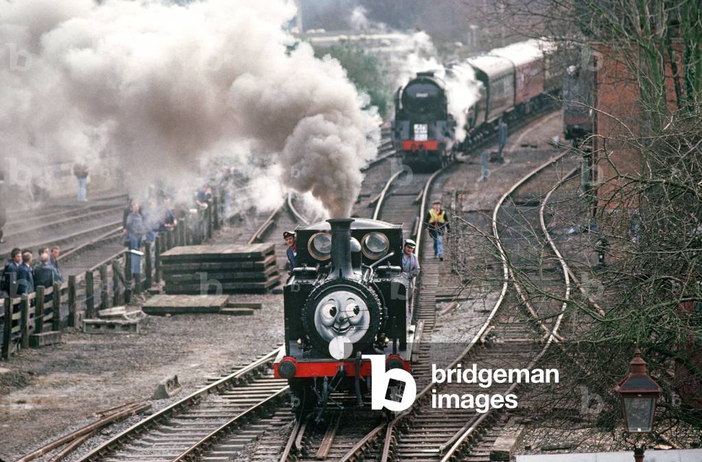Thomas The Tank engine at the Sheffield Park engine sheds on the Bluebell Heritage Railway, West Sussex, England, UK, 1990 (photo)
