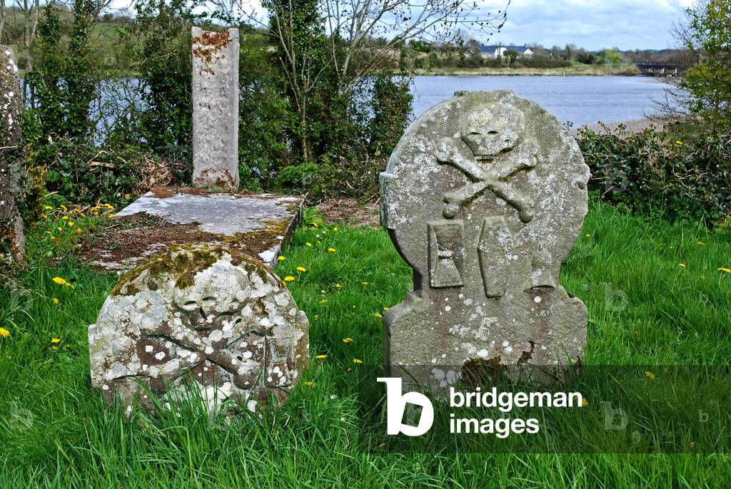 Galloon Island Cemetery with 18thC gravestone and remnants of Celtic Cross, Upper Lough Erne, County Fermanagh, Northern Ireland, UK (photo)