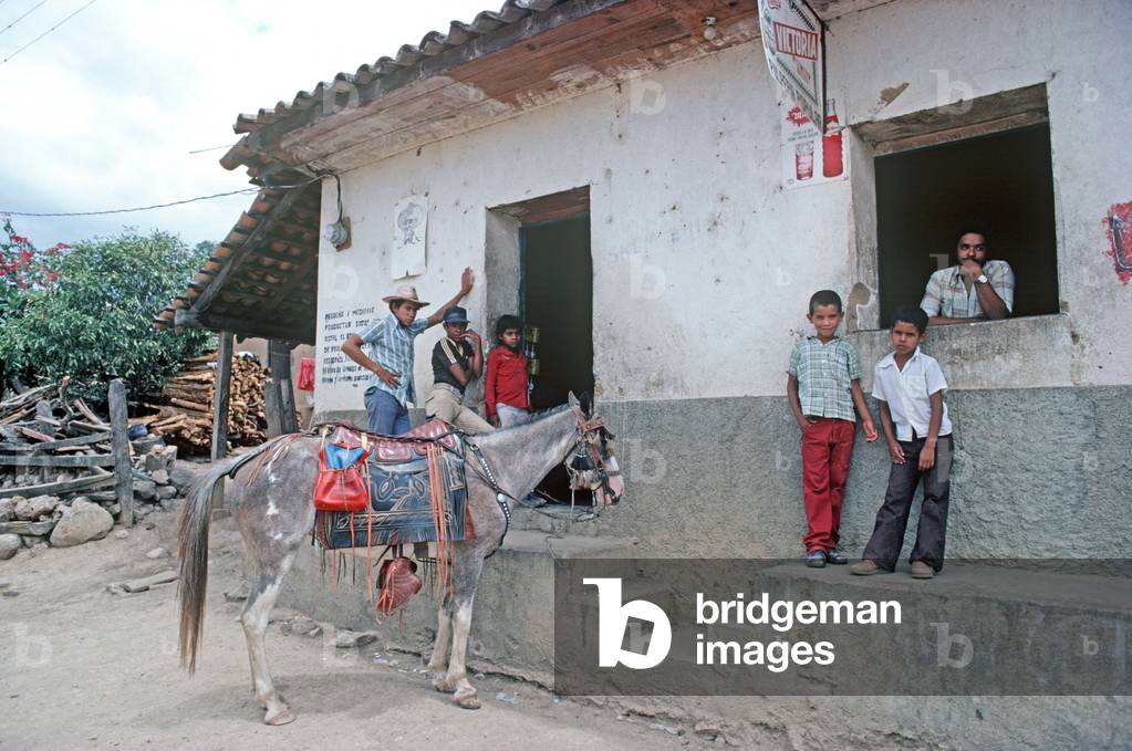 Ranchers horse and locals outside bar, Nicaragua, Central America (photo)