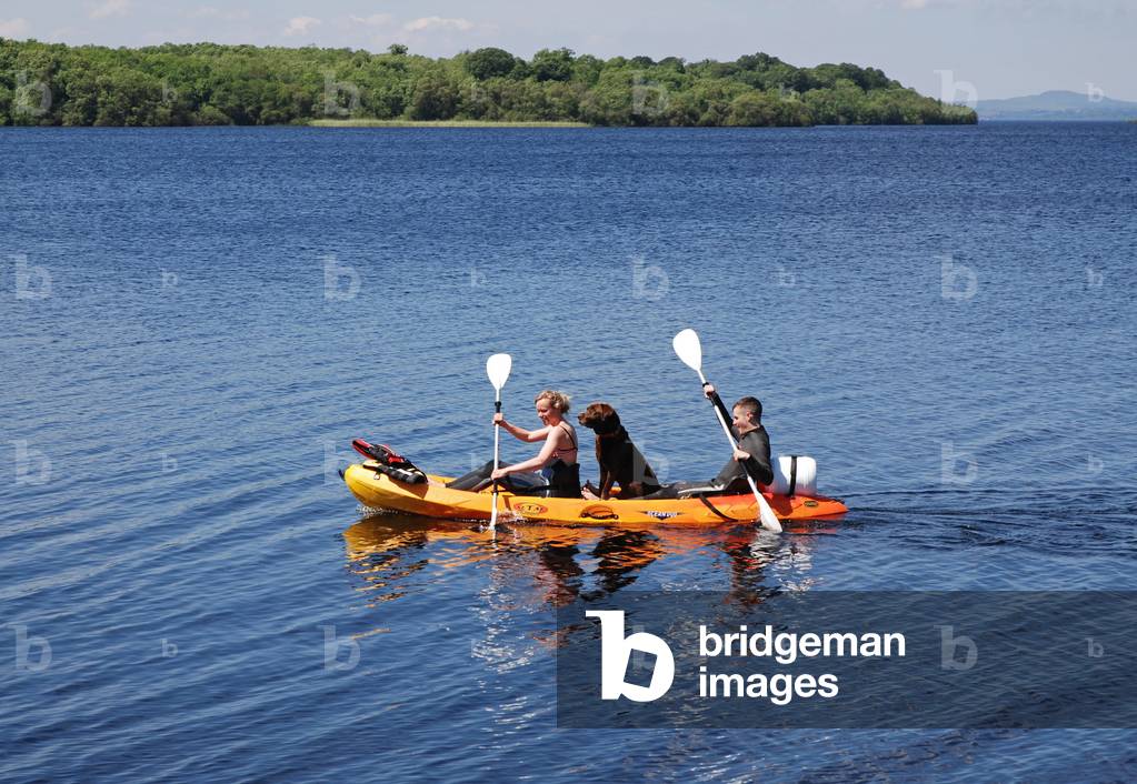 Canoists and dog on Lower Lough Erne, County Fermanagh, Northern Ireland, UK (photo)