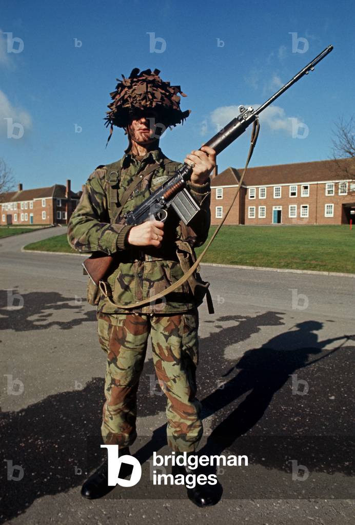 British Army soldier with L1A1, 7.62 Service Rifle used during The Troubles, Northern Ireland, 1972