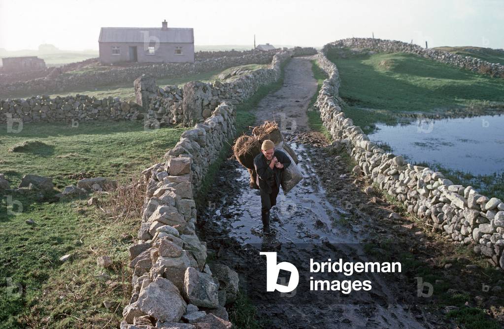 Islanders from Inishturbot carrying belongings along stone walled lane during abandonment of island, Connemara, County Galway, Ireland (photo)