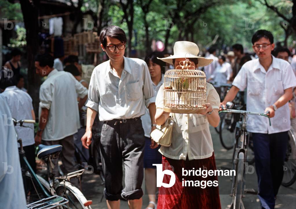 Chinese woman holding caged bird in Chegdu bird market, Sichuan Province, China (photo)
