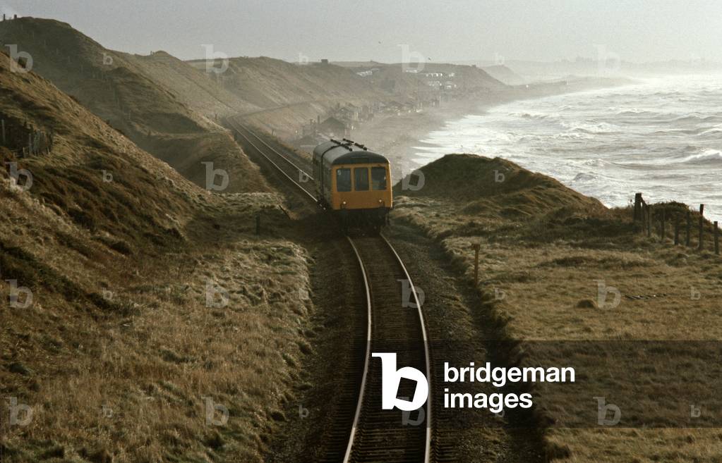British Rail Multiple Unit train on the Cumbrian coast railway line, North West England, 1981 (photograph)