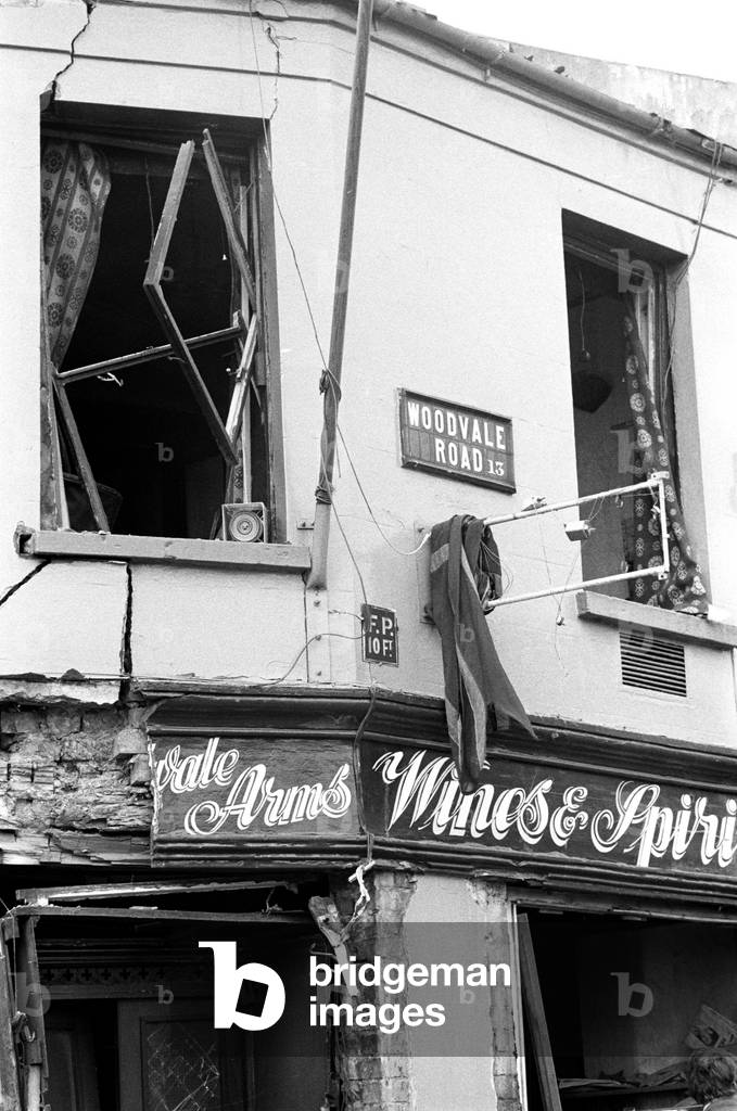 Pub damage after IRA bomb in the Loyalist Shankill area of Belfast early 70s, Northern Ireland during The Troubles, 1974 (b/w photo)