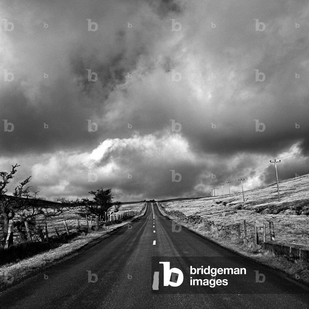 Mountain Road in Mourne Mountains, Co Down, Northern Ireland (b/w photo)