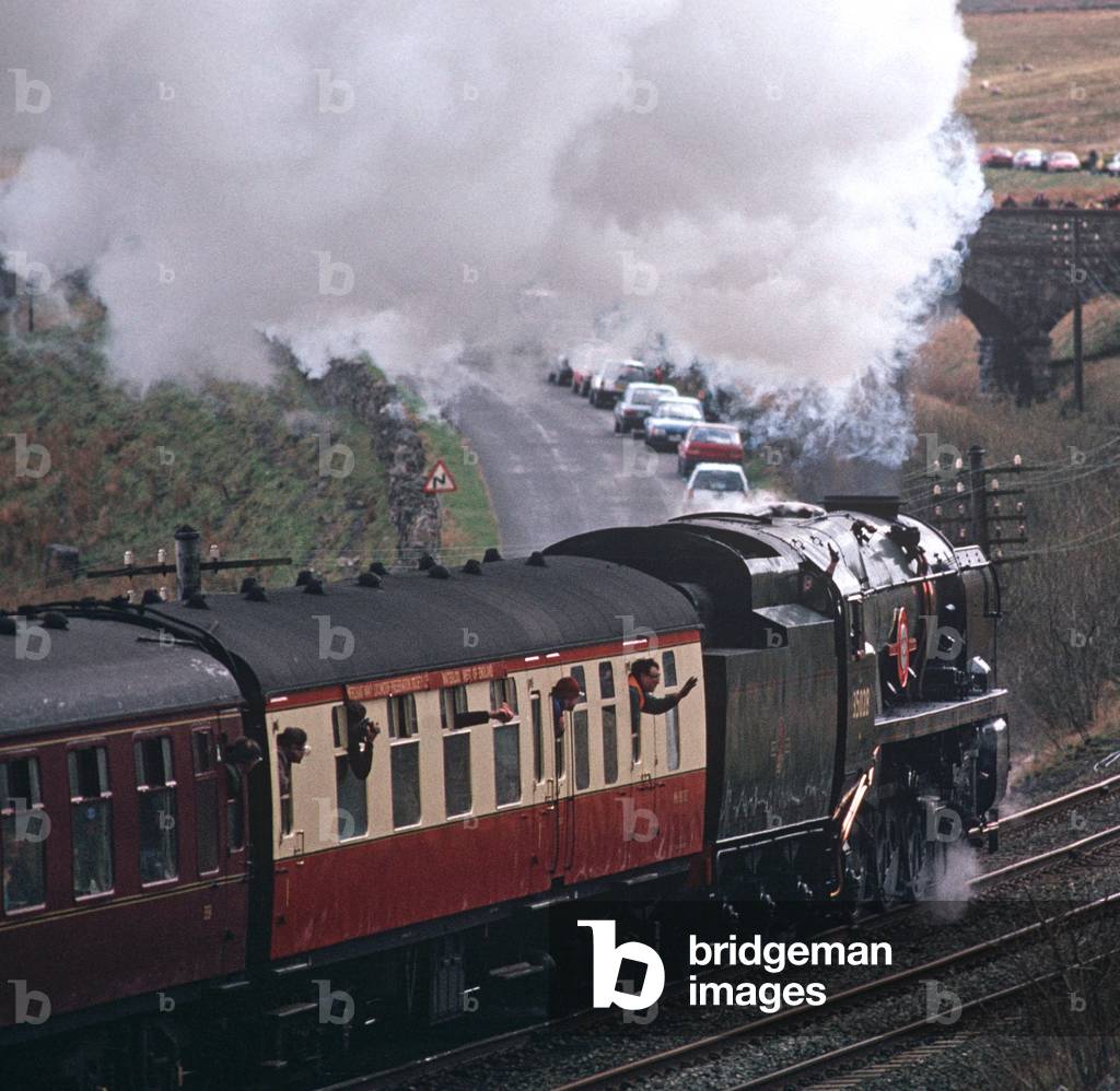 Merchant Navy Clan Line Locomotive 35028 on the Settle to Carlisle railway line, Northern England, 1992 (photograph)