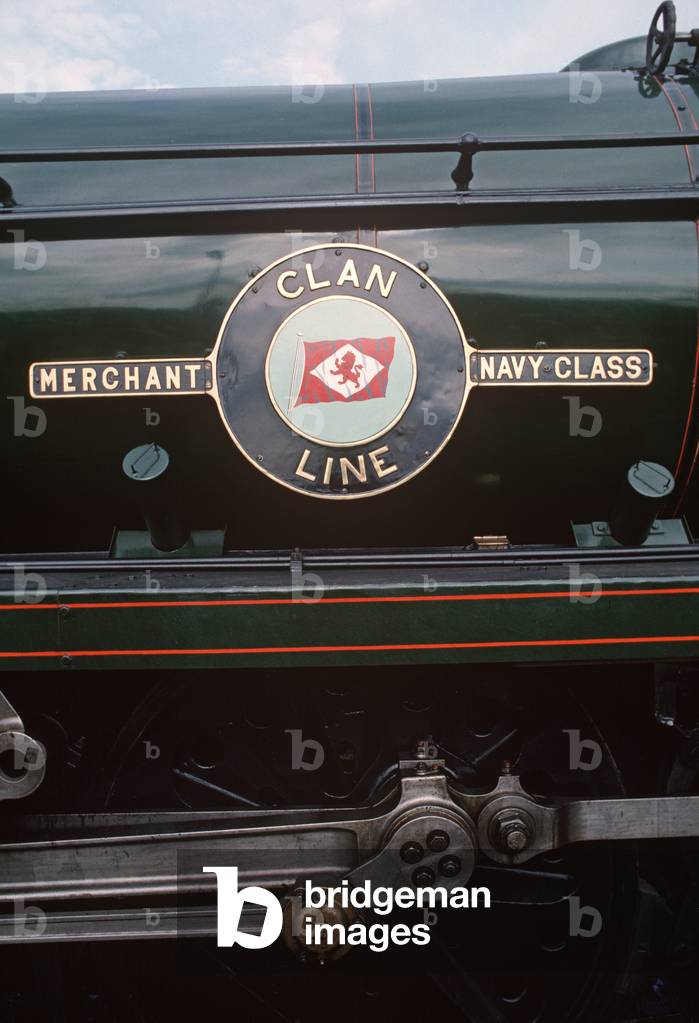 Merchant Navy Clan Line Locomotive 35028 at Appleby railway station on the Settle to Carlisle line, Northern England, 1992 (photograph)