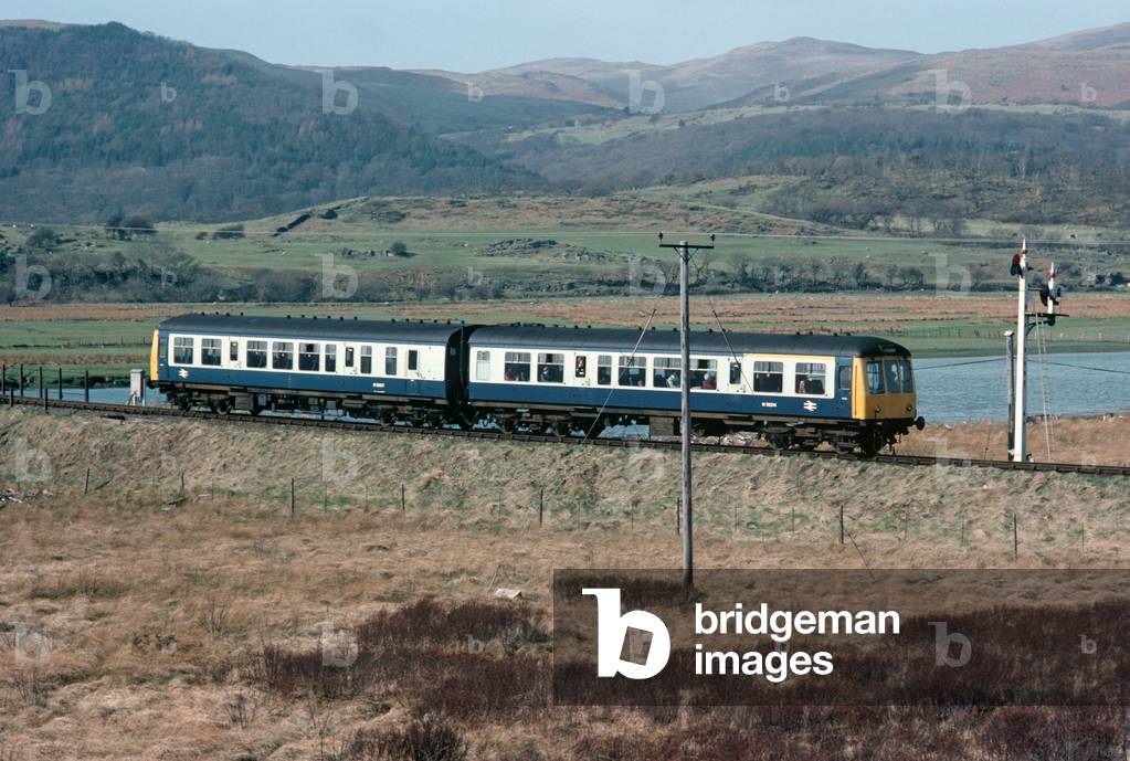 Train on the River Dovey estuary Marshlands, Wales, Great Britain, 1982 (photo)