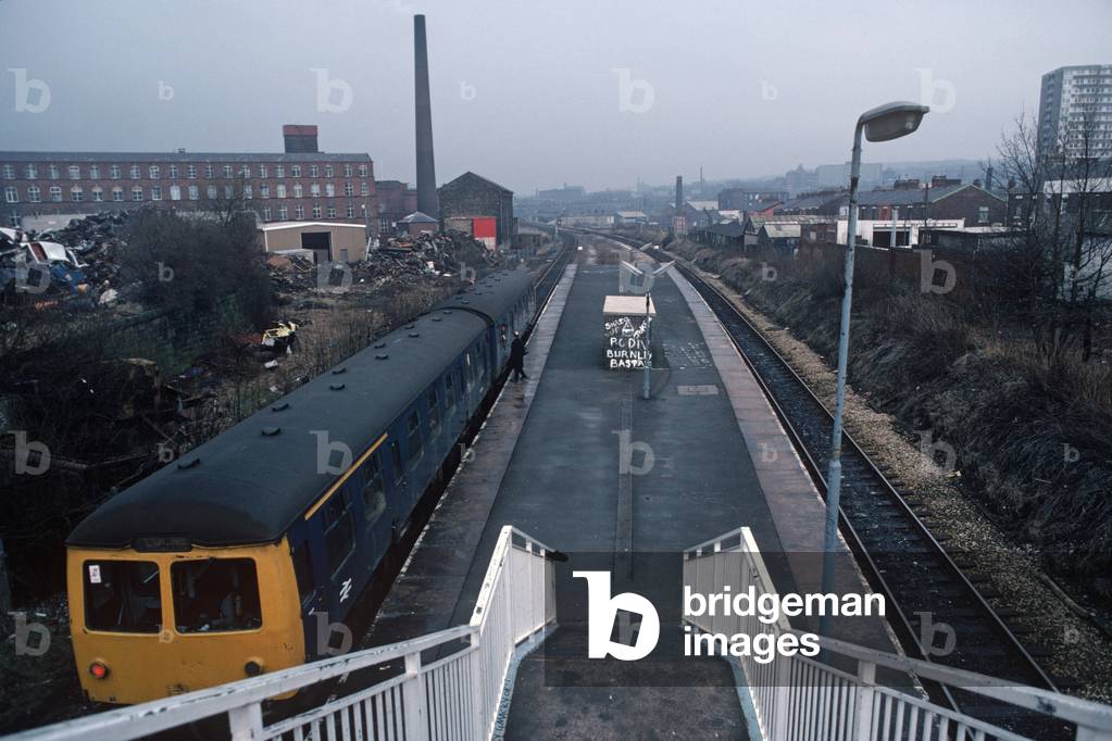 Diesel Multiple Unit in Mill Hill station on the British Rail Preston to  Colne railway line, Lancashire, Great Britain, 1982 (photograph)