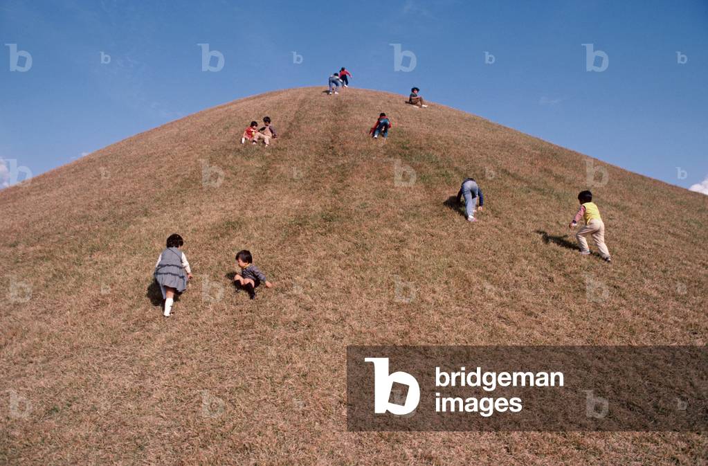 Korean children playing climbing and rolling down grass hill, South Korea, Asia (photo)