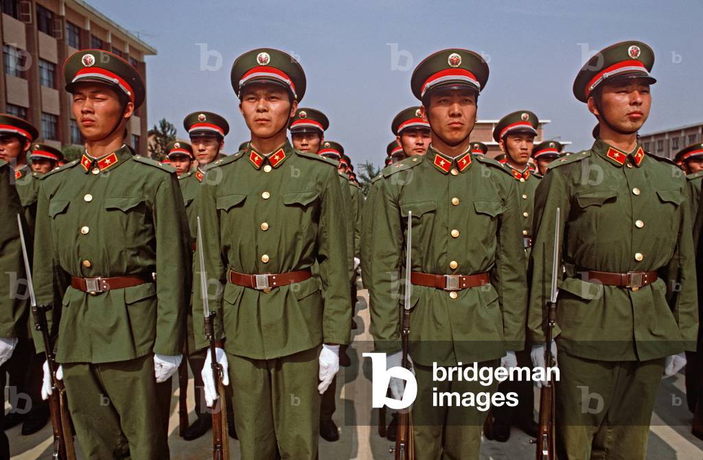 Peoples Liberation Army officers drilling at Shijiazhuang Military Academy, Hubei province, China, 1985 (photo)