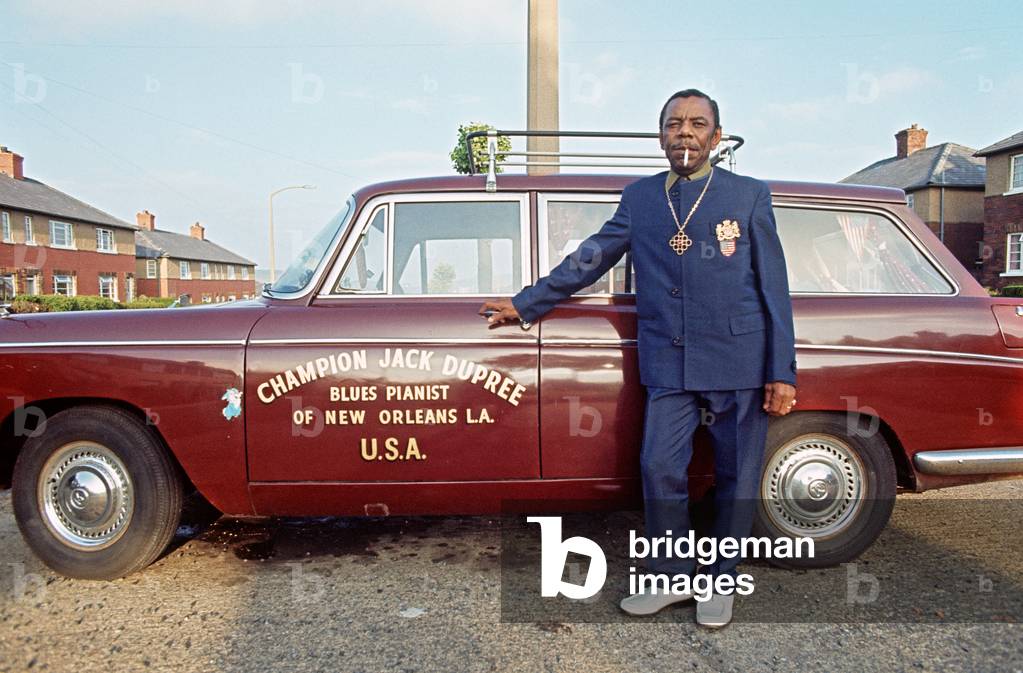 Champion Jack Dupree outside his home in Halifax, England where he lived in the 70s and 80s (photo)