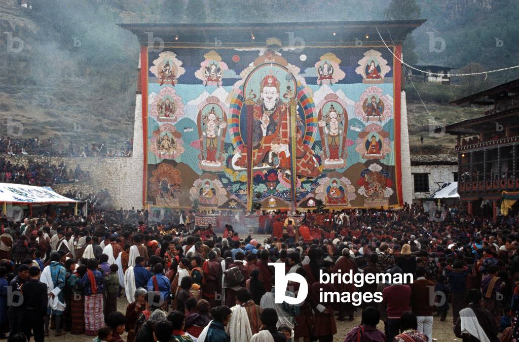 The Thangka, a large tapestry, at the Paro Festival during the religious ceremony, Bhutan (photo)