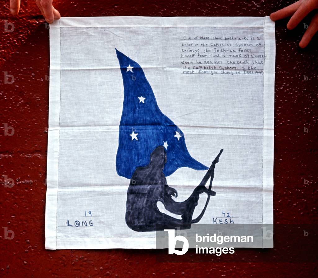 Republican Drawing of Freedom Fighters onto Handkerchief, by Republican Prisoners in Long Kesh Internment Camp during The Troubles. Northern Ireland, Long Kesh, 1972 (photo)