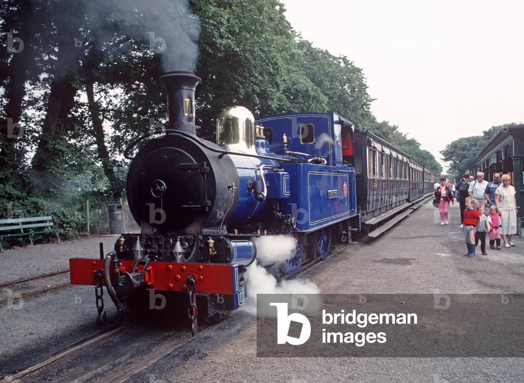 Steam locomotive at Isle of Man Castletown Halt on the Isle of Man Railway, 1991 (photo)