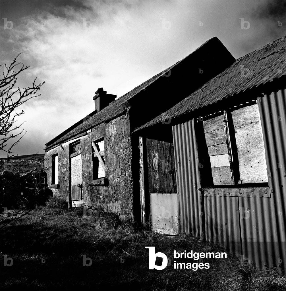 Deserted Mourn Mountain cottage, Co Down, Northern Ireland (b/w photo)