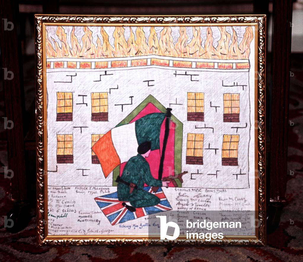 Republican Drawing onto Handkerchief, by Republican Prisoners in Long Kesh Internment Camp during The Troubles, Northern Ireland, Long Kesh, 1972 (photo)