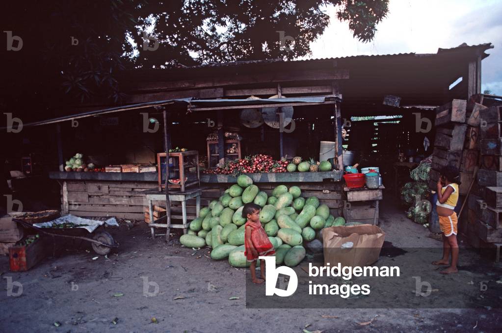 Fruit and vegetable stall in Isletas, small town in Isletas banana plantation belt, Honduras (photo)