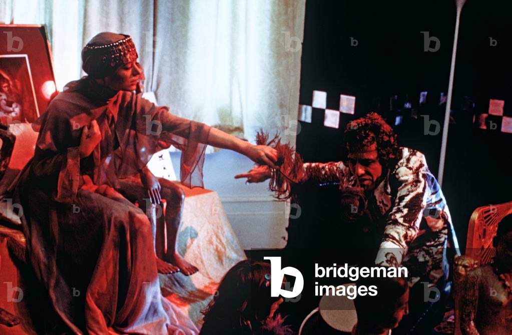 Marianne Faithfull with Kenneth Anger during filming of 'Lucifer Rising' in London, 1972 (b/w photo)