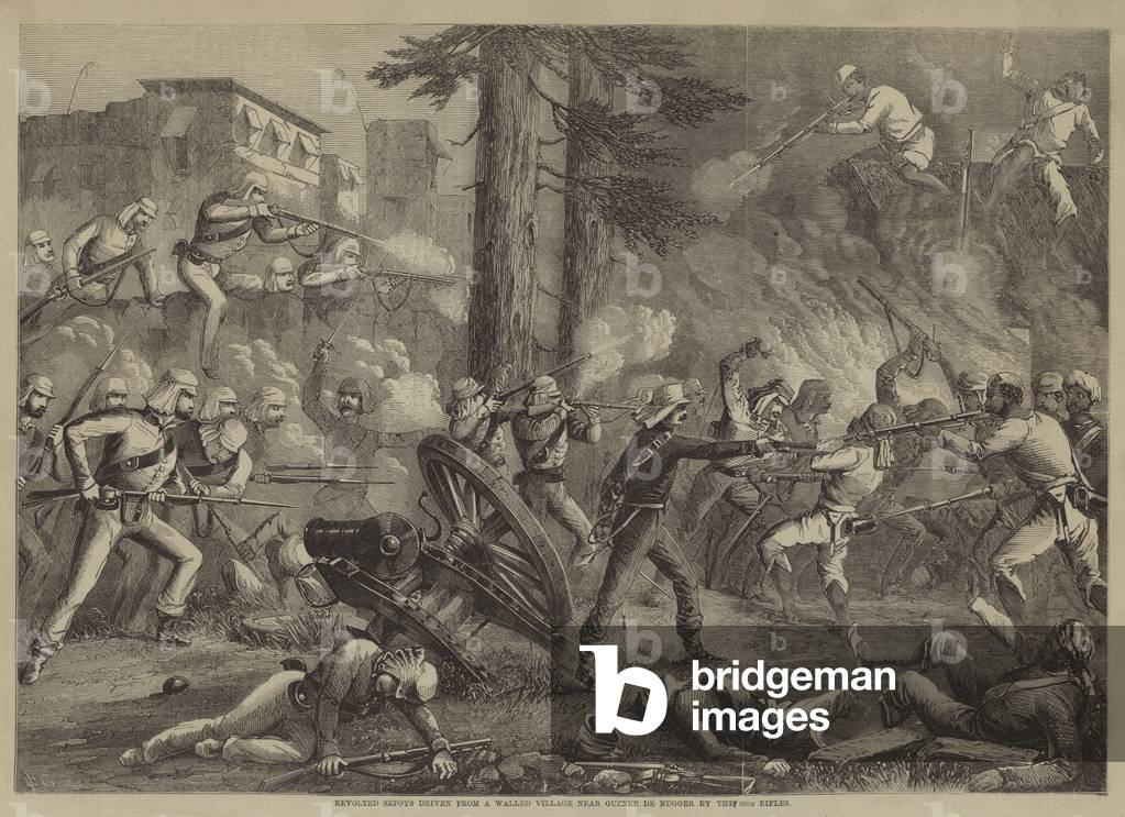 Revolted Sepoys driven from a Walled Village near Guznee de Nugger by the 60th Rifles (engraving)