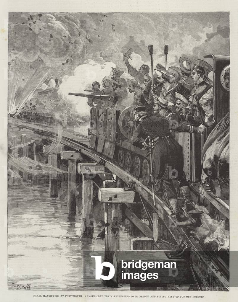 Naval Manoeuvres at Portsmouth, Armour-Clad Train retreating over Bridge and Firing Mine to cut off Pursuit (engraving)