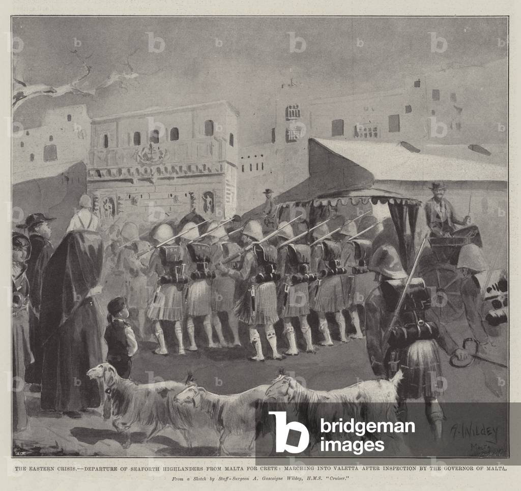 The Eastern Crisis, Departure of Seaforth Highlanders from Malta for Crete, marching into Valetta after Inspection by the Governor of Malta (engraving)