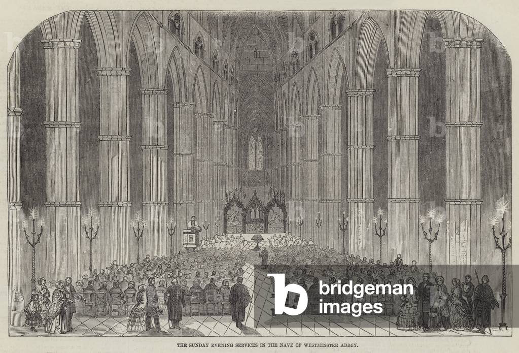 The Sunday Evening Services in the Nave of Westminster Abbey (engraving)
