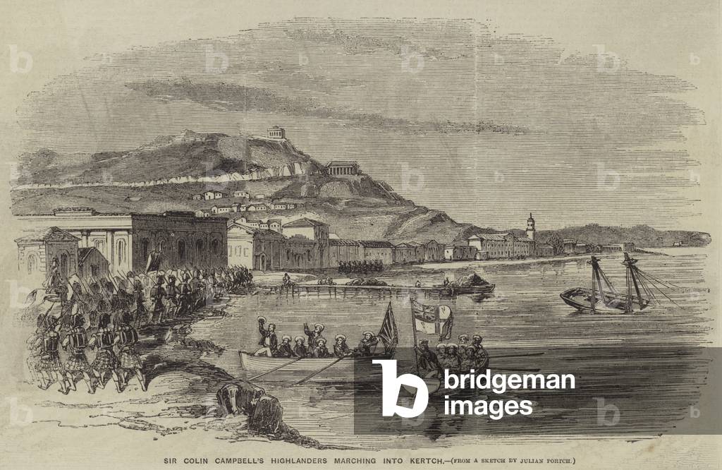 Sir Colin Campbell's Highlanders marching into Kertch (engraving)