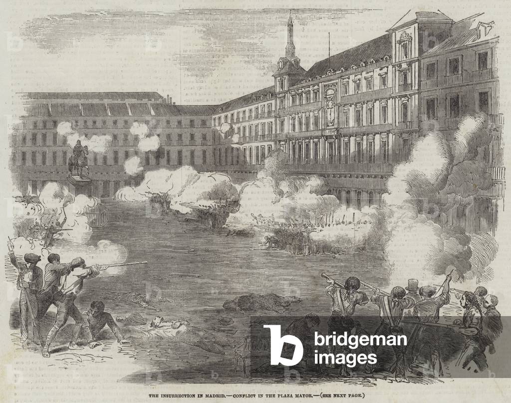 The Insurrection in Madrid, Conflict in the Plaza Mayor (engraving)