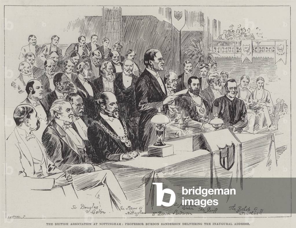 The British Association at Nottingham, Professor Burdon Sanderson delivering the Inaugural Address (engraving)