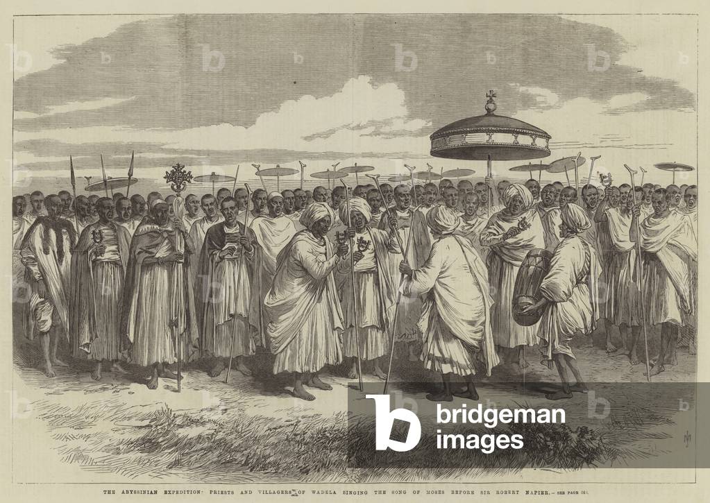The Abyssinian Expedition, Priests and Villagers of Wadela singing the Song of Moses before Sir Robert Napier (engraving)