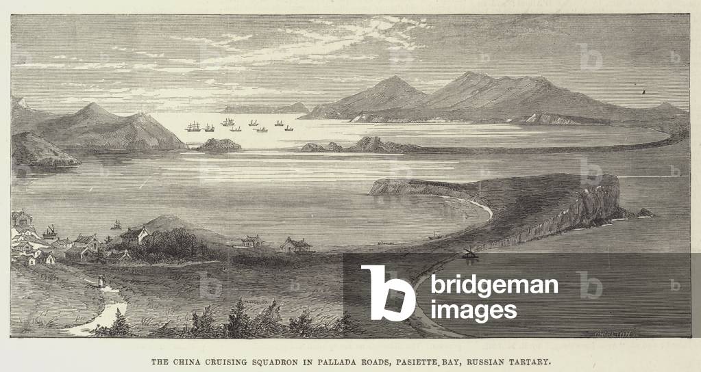 The China Cruising Squadron in Pallada Roads, Pasiette Bay, Russian Tartary (engraving)