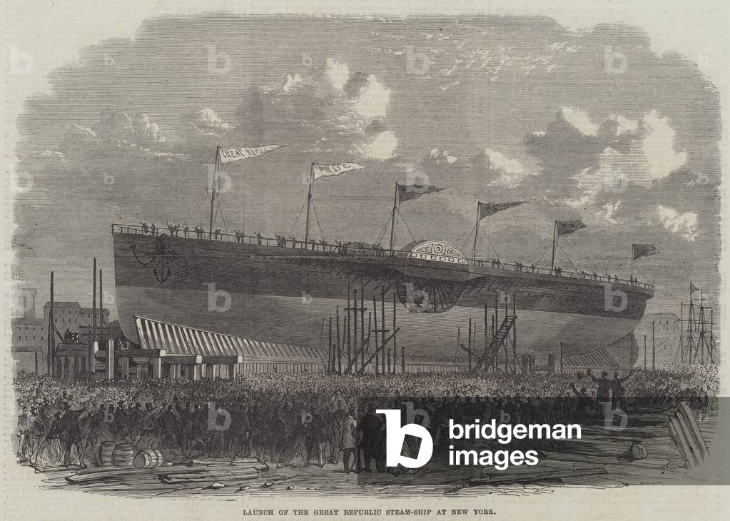 Launch of the Great Republic Steam-Ship at New York (engraving)