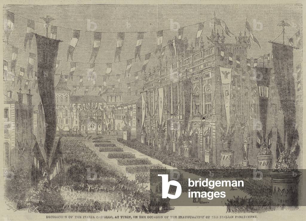 Decoration of the Piazza Castello, at Turin, on the Occasion of the Inauguration of the Italian Parliament (engraving)