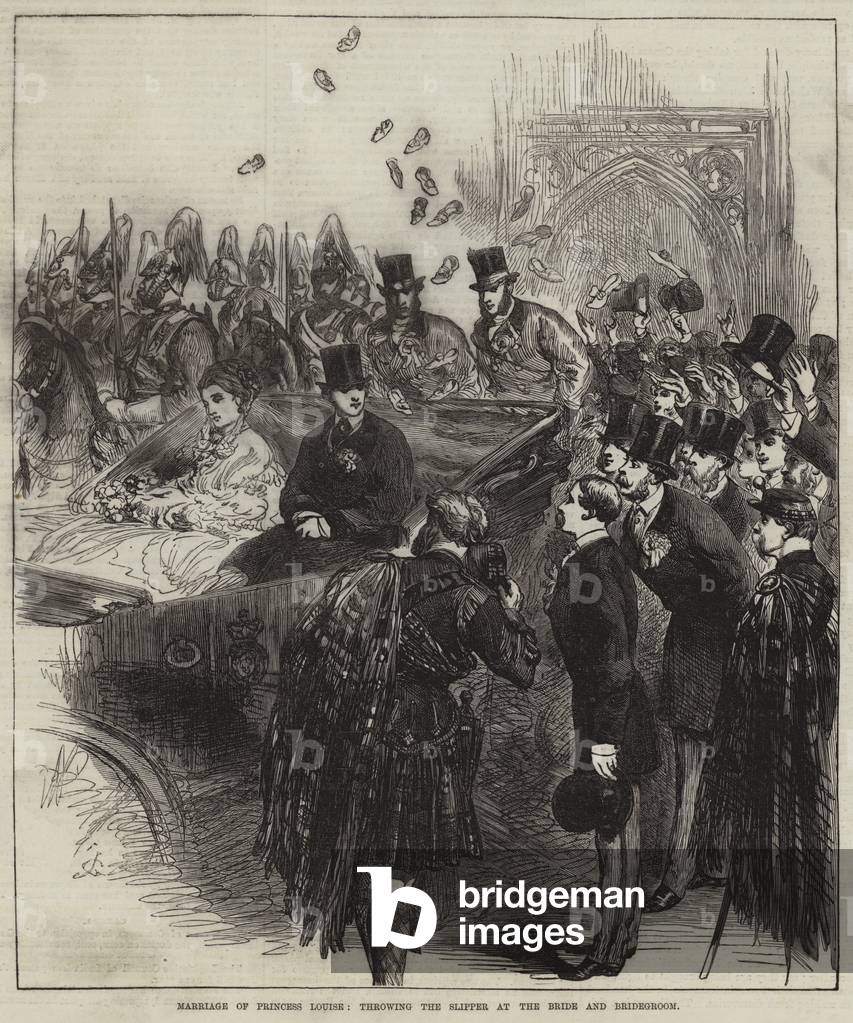 Marriage of Princess Louise, throwing the Slipper at the Bride and Bridegroom (engraving)