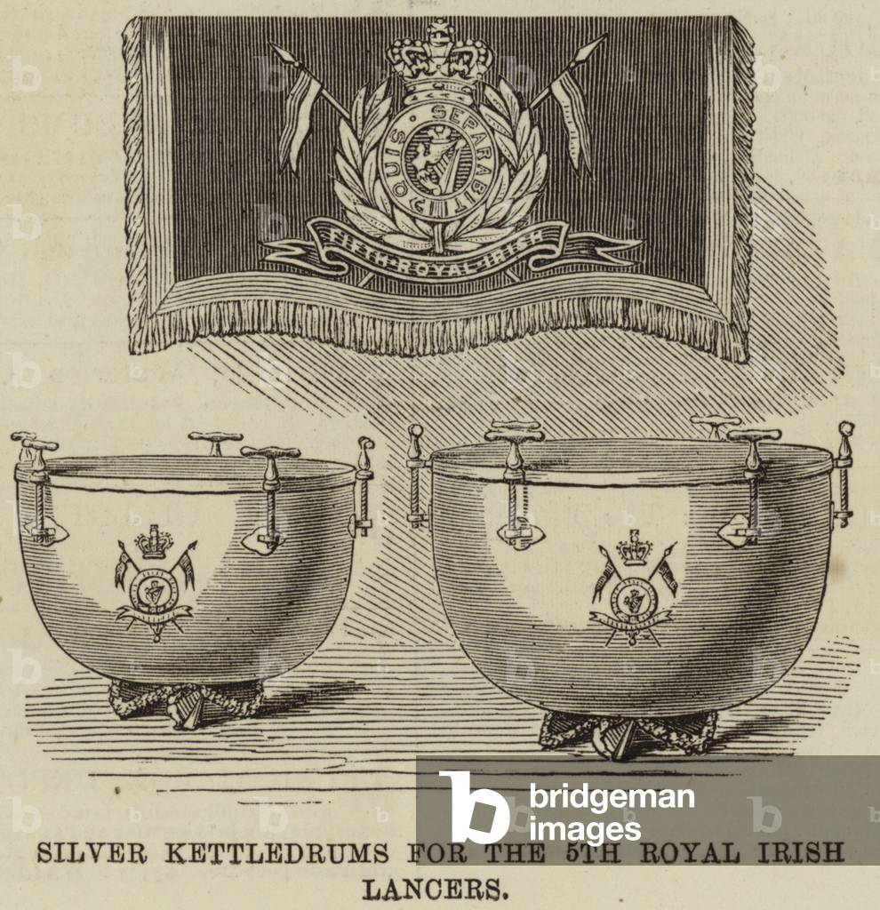 Silver Kettledrums for the 5th Royal Irish Lancers (engraving)