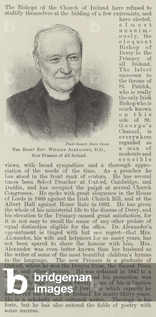 The Right Reverend William Alexander, DD, New Primate of All Ireland (engraving)