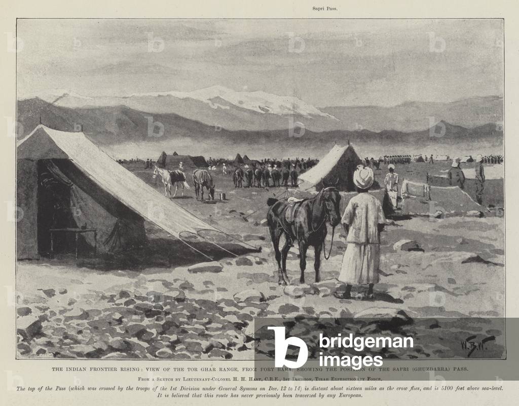 The Indian Frontier Rising, View of the Tor Ghar Range, from Fort Bara, showing the Position of the Sapri (Ghuzdarra) Pass (litho)